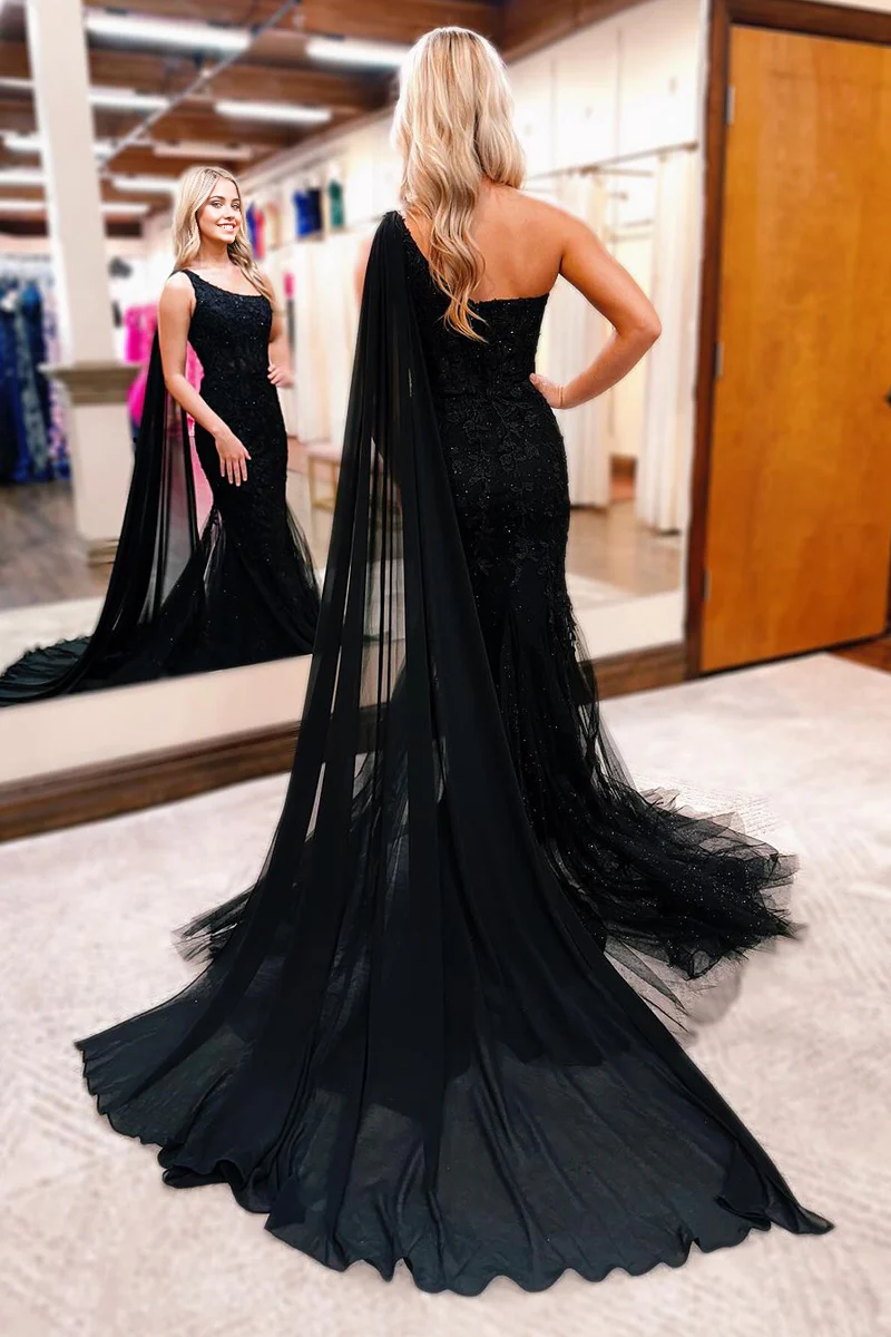 Mermaid One Shoulder Black Long Prom Dress